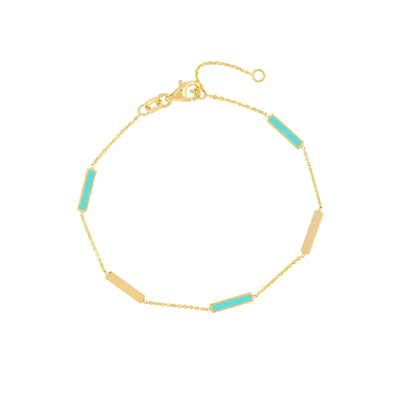 Bangle bracelets with gold and silver mixed metals for a stylish and versatile accessory-Turquoise Enamel Alternating Bar Station Bracelet