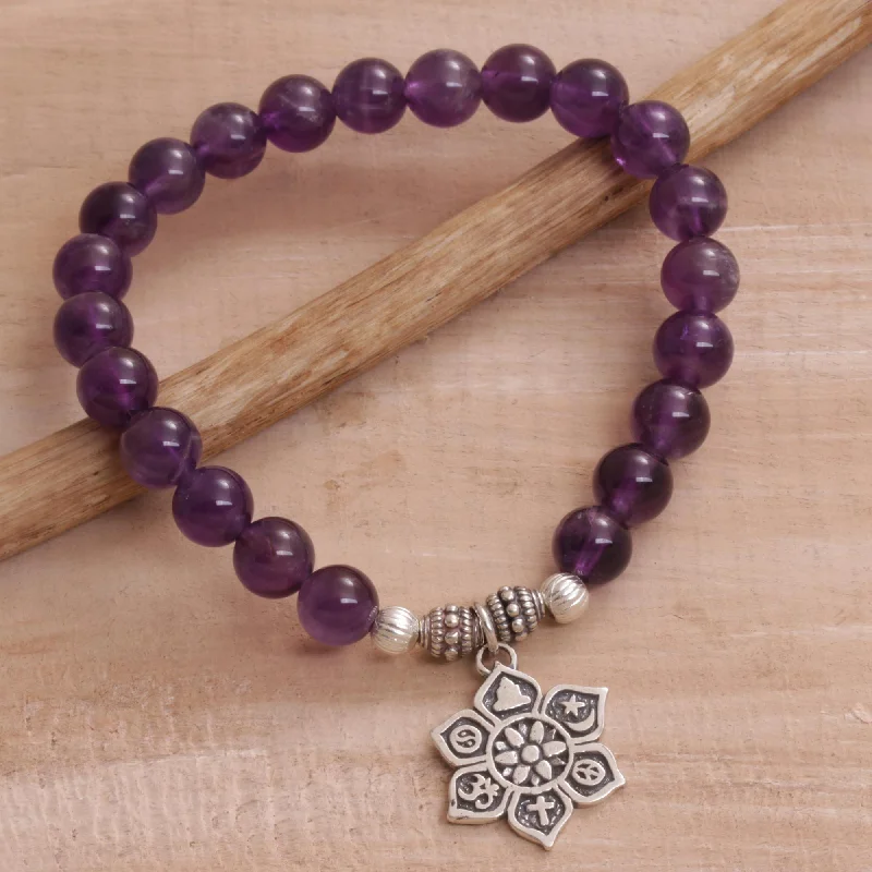 Best bangle bracelets with pastel enamel for a soft and delicate aesthetic-Unity Flower Amethyst Religious Beaded Stretch Bracelet from Bali