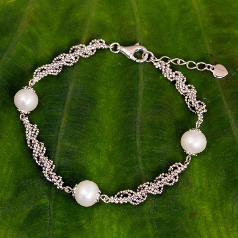 Best bangle bracelets with braided designs for a textured and sophisticated look-White Jasmine Trio Thai Handcrafted Cultured Pearl and Sterling Silver Bracelet