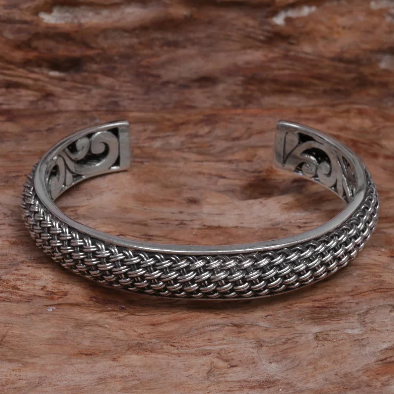 Best bangle bracelets with crystal accents for added sparkle and glamour-Woven Chains Hand Crafted Sterling Silver Cuff Bracelet from Indonesia